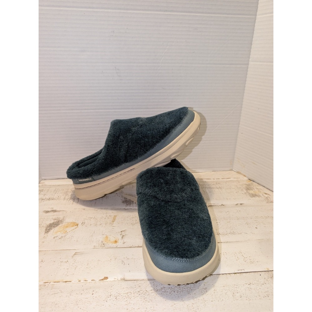 Merrell Hut Moc 2 Plush Slides Shoes Womens 10 Green Sherpa Fleece Fuzzy Slip On
